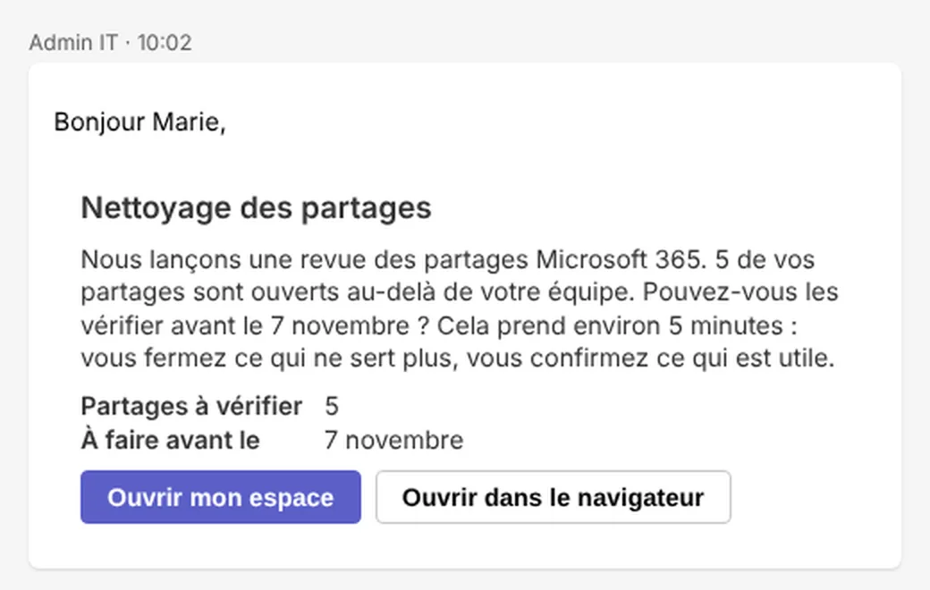 Le message direct d'une campagne dans Teams : combien de partages vérifier, avant quand, un bouton